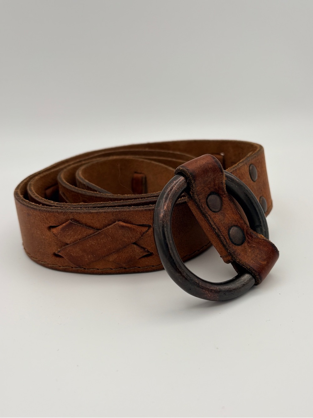 Banana Republic Brown Italian Leather Belt Sz L Made in USA Distressed X Design
